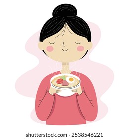 Smiling woman holding a steaming bowl of ramen, savoring the aroma, against a minimalist background.