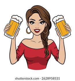 Smiling Woman Holding Two Beer Glasses Cartoon Illustration	