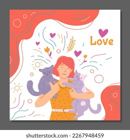 Smiling woman holding two cats, poster or greeting card - cartoon flat vector illustration. Cute furry animals. Person hugging kittens. pet adoption concept.