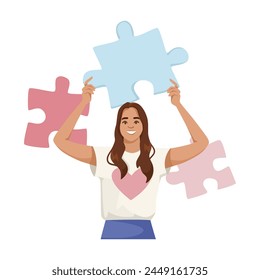 A smiling woman holding two puzzle pieces, vector illustration on a plain background, concept of problem-solving. Vector illustration