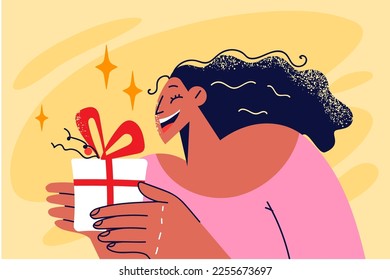 Smiling woman holding wrapped gift in hands celebrate birthday or anniversary. Happy girl with giftbox excited with present or surprise. Vector illustration. 