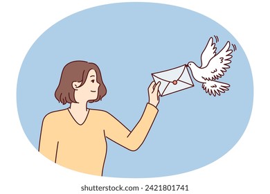 Smiling woman holds out envelope to pigeon to deliver message to boyfriend or friends. Optimistic caucasian girl uses deep mail trusting bird important letter. Flat vector illustration