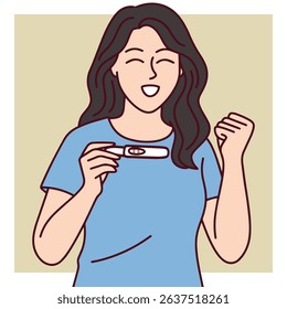 Smiling woman holds positive pregnancy test. Shows joy, hope, excitement, and readiness for motherhood and new life ahead