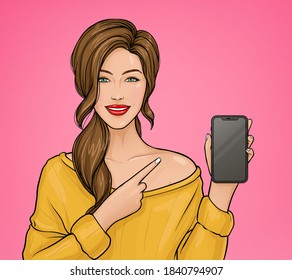Smiling woman holds smartphone in his hand and points to the mobile with his index finger. Girl showing cellphone screen. Vector illustration in pop art style.