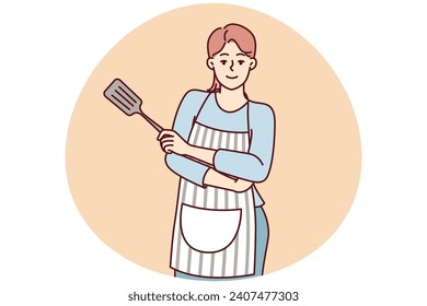 Smiling woman housewife stands with arms crossed in front of chest with spatula for cooking. Lady homemade confectioner or cook posing in striped apron draped over casual clothes. Flat vector image