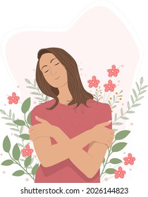 Smiling woman hug herself. Love yourself, care, acceptance, healthy lifestyle, body positive, mental health concept.Vector Illustration