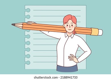 Smiling woman with huge pencil and paper. Happy female holding big writing tool ready for noting. Journalism or handwriting. Vector illustration. 