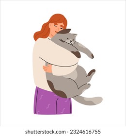 Mujer sonriente abrazando a un gato lindo. Feliz dueña de mascotas con animales felinos. Cuidar y amar a la mascota de casa. Una relación amigable con las niñas y los gatitos. Ilustración plana aislada en fondo blanco.