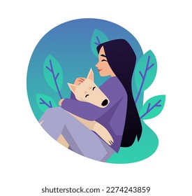 Smiling woman hugging big dog flat style, vector illustration isolated on white background. Emotional support animal, pet therapy, friendship and love, design element