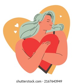 Mujer sonriente abrazando un gran corazón rojo. Ama a ti mismo, a tu propio cuidado, al cuidado del cuerpo, a la autoaceptación, al concepto positivo del cuerpo. Ilustración de estilo de dibujos animados planos vectoriales