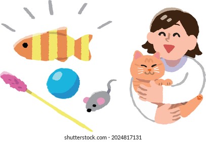 A smiling woman hugging a cat toy and a domestic cat