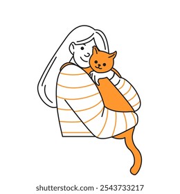 Mujer sonriente que abraza el icono lineal lindo del color rojo del gato. Dueño rubio de la mascota con el garabato del carácter animal doméstico ilustración simple