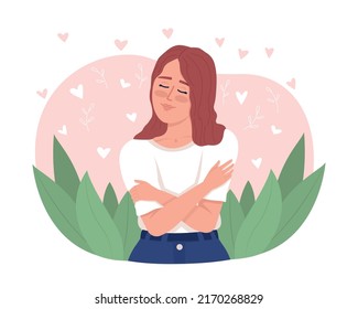 Smiling woman hugging herself 2D vector isolated illustration. Mental health flat character on cartoon background. Positive self esteem colourful editable scene for mobile, website, presentation