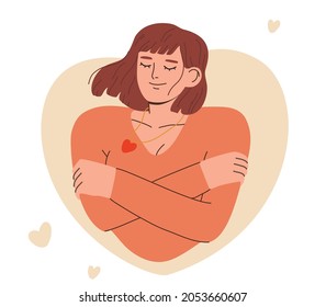 Mujer sonriente abrazándose. Ama a ti mismo, a tu propio cuidado, al cuidado del cuerpo, a la autoaceptación, al concepto positivo del cuerpo. Dibujo manual vectorial colorido dibujo gráfico plano ilustración de estilo