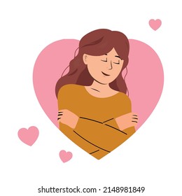 Smiling woman hugging herself. Love yourself, self care, body care, self acceptance, body positive concept. Hand drawn vector colorful flat cartoon style illustration.