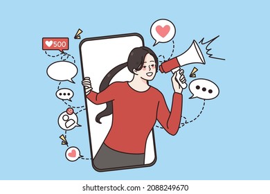 Smiling woman influencer scream in loudspeaker make advertisement in social media on smartphone. Successful girl blogger advertise online on cellphone. Marketing and promotion. Vector illustration. 