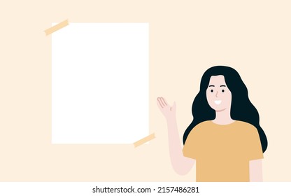 Smiling woman introducing with vertical blank white note with tape. Paper sheet with empty space for text. Advertisement, information, notice concept. Use for banner, poster. Flat vector illustration.