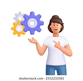 Mulher sorridente Jane apontando para a configuração definindo engrenagens ou volantes. Pensamento estratégico, processos de sistema, conceito de solução de problema. personagem de pessoas vetoriais 3d. Estilo mínimo de desenho animado.