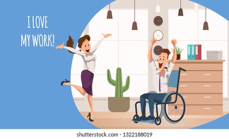 Smiling Woman Jump. Disabled Office Worker Joy. Team Jumping Celebrating Victory. Businessman Wear Suit Sitting in Wheelchair. Happy Coworker Express Emotion Together. Cartoon Flat Vector Illustration