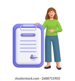 Mulher sorridente Kate de pé e apontando para a área de transferência grande com documento de contrato e assinatura. Aprovação comercial, contrato, documento legal. personagem de pessoas vetoriais 3d. Estilo mínimo de desenho animado.