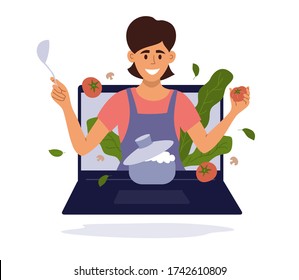 Smiling Woman With Kitchen Utensils Look Out Of Laptop Screen. Girl Vlogger Preparing Healthy Food Online. Blog Or Show With Cooking Master Class. Culinary Video Broadcast, Channel Vector Illustration