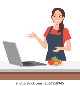 Smiling woman with kitchen utensils look out of laptop screen. Flat vector illustration isolated on white background