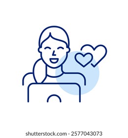 Smiling woman at laptop and two hearts. Chatting online on dating websites. Looking for couple. Virtual relationships. Pixel perfect, editable stroke icon