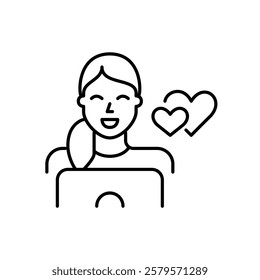 Smiling woman at laptop and two hearts. Chatting online on dating websites. Looking for couple. Virtual relationships. Pixel perfect vector icon