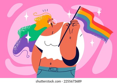 Smiling woman with LGBT flag in hands feel excited at pride parade. Happy girl with LGBTQ sign support homosexuality and human rights. Vector illustration. 