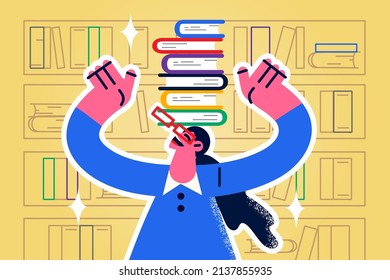 Smiling woman librarian with books pile on head work in library. Happy female seller or booklover in bookstore or workplace. Literature and education concept. Vector illustration. 