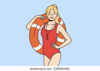 Smiling woman lifeguard in swimsuit posing with inflatable ring. Happy female guard in swimwear with lifebuoy. Vector illustration. 