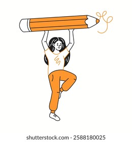 Smiling woman lifts massive pencil with hands color linear icon. Brunette female draws intricate spiral pattern characters doodle illustration