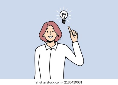 Smiling woman with lightbulb get innovative business idea. Happy businesswoman generate thoughts solve problem. Solution and innovation. Vector illustration. 