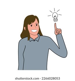 Smiling woman with lightbulb get innovative business idea. Happy businesswoman generate thoughts solve problem. Solution and innovation. Vector illustration.