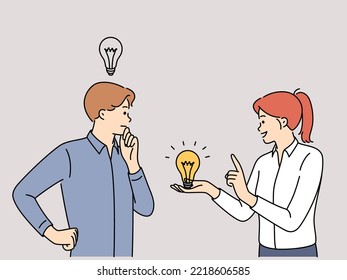 Smiling woman with lightbulb help male colleague with business idea. Happy female with lightened light bulb assist man with solution or trouble. Vector illustration. 