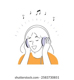 Smiling woman listening to music with headphones. Minimalist vector illustration with black outlines and color accents. Music enjoyment and relaxation concept. Design for poster, banner, greeting card