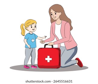 Smiling Woman and Little Girl with Red Medical First Aid Box