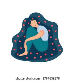 Smiling woman with long beautiful hair with hearts. Young happy girl sitting and hugging her knees. Self care, love yourself icon or body positive concept.  Vector illustration, isolated on white.