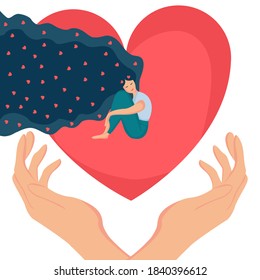 Smiling woman with long beautiful hair with hearts. Young happy girl sitting and hugging her knees. Self care, love yourself icon or body positive concept.  Vector illustration, isolated on white.