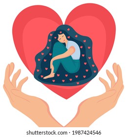 Smiling woman with long beautiful hair with hearts. Young happy girl sitting and hugging her knees. Self care, love yourself icon or body positive concept.  Vector illustration, isolated on white.