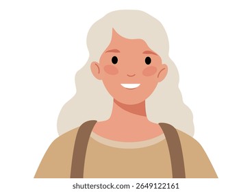 Mulher sorridente com cabelo loiro longo, ilustração plana para avatar e perfil de usuário, estilo de desenho animado moderno para web design.