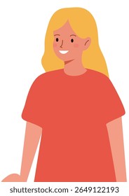 Mulher sorridente com cabelo loiro comprido de camisa vermelha. Feliz retrato feminino amigável. Desenho animado design de personagem para avatar ou imagem de perfil.