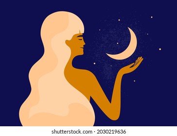 Smiling woman with long light hair holding crescent moon in hand. Modern witch, women practices, female menstrual cycle concept. Lunar phases, numerology or astrology, natal chart. Vector illustration