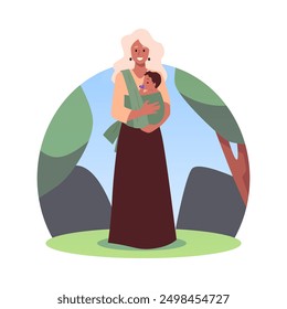 Smiling woman with long white hair holding a baby in a green sling carrier. Vector illustration of a caregiver and child in a natural outdoor setting with trees and rocks. Family concept.