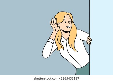 Smiling woman look behind wall listening to gossip or hearsay. Happy female make hand gesture hear hidden information or messages. Vector illustration. 