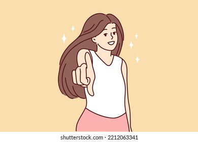 Smiling woman look at camera making hand gesture. Happy female point at screen make choice or decision. Vector illustration. 