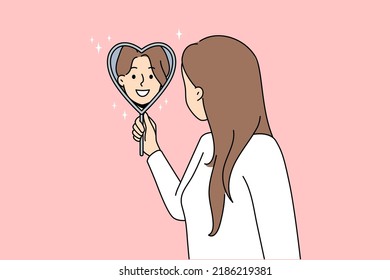 Smiling woman look in heart shaped mirror satisfied and reflection  Concept self  love   self  acceptance  Vector illustration  