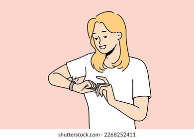 Smiling woman look at wristwatch check time. Happy girl use classic analogue watch on wrist. Time management and deadline. Vector illustration. 