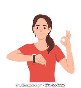 Lächelnde Frau schauen sich die Uhr an. Happy Girl verwendet klassische analoge Armbanduhr. Zeitmanagement und Frist. Flache Vektorgrafik einzeln auf weißem Hintergrund