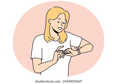 Smiling woman look at wristwatch check time. Happy girl use classic analogue watch on wrist. Time management and deadline. Vector illustration.